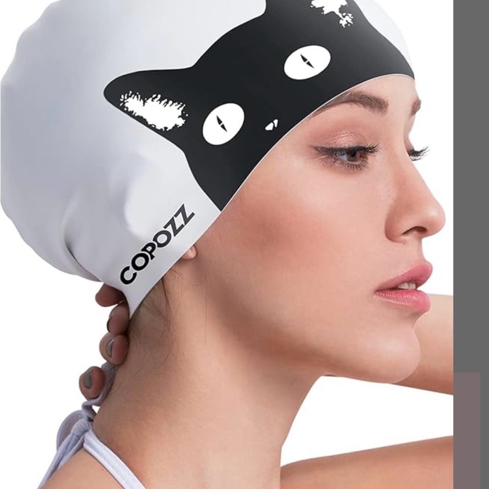 Women's White Swim Cap with Black Cat Print